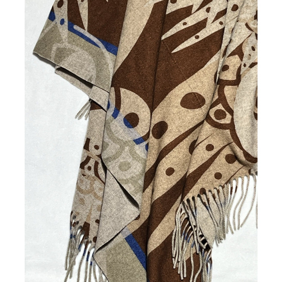 100% Wool Knit Shawl Cardigan Wrap Open Beige Fringed Bohemian Made in Italy - Picture 9 of 13